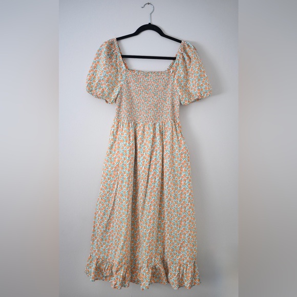 J. Crew Factory Dresses & Skirts - J.Crew XS Women’s Peach Print Smocked Midi Dress Puff Sleeve Summer Cottagecore